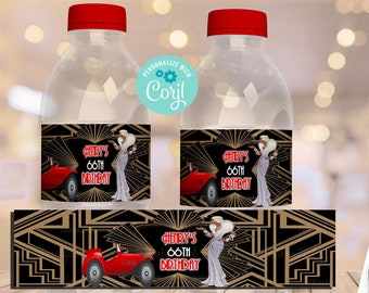 May include: Editable printable water bottle labels with a black, gold, and white art deco design. The labels feature a woman in a flapper dress, a red car, and the text "Henry's 66th Birthday".
