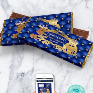 EDITABLE Royal Blue Candy Bar Label | Royal Baby Shower Décor | A Prince is On It's Way | Royal Baby Shower | Blue and Gold | RB004