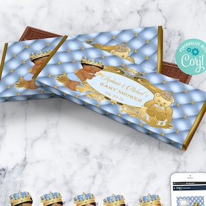 EDITABLE | Light Blue and Gold Royal Baby Shower Candy Bar Label | A Prince is on the Way | Royal Blue Baby Shower Theme | LB89