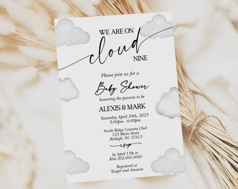 May include: A white baby shower invitation with a cloud design and the text "We are on cloud nine". The invitation includes the names Alexis & Mark, the date and time of the shower, the location, and the registry information.