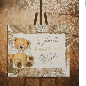 EDITIERBARE Teddybär-Baby-Dusche-Willkommensschild | Vintage | Motiv | Nuetral Shades | Can Bearly warten, um Sie zu treffen | Boho Theme | BN01