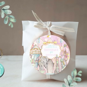 EDITIERBARER rosa Karneval Favor Circle Tag | Zirkus | Karneval Mottoparty | Babyparty PC09