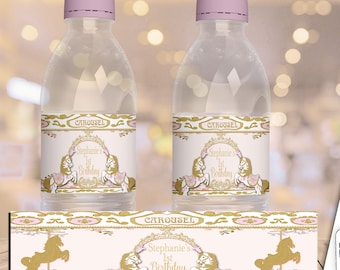 May include: Printable water bottle labels with a carousel theme. The labels feature a pink and gold color scheme with a carousel horse design. The text on the labels reads "Carousel" and "Stephanie's 1st Birthday".