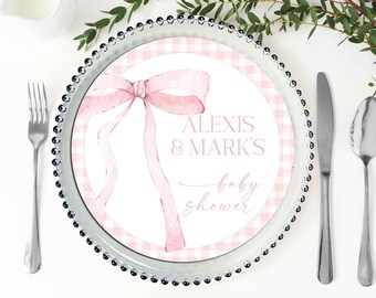 EDITABLE Pink Gingham Baby Shower Charge Plate Insert Baby Shower Pink Watercolor Ribbon Blush Pink 1st Birthday Digital Template PB4