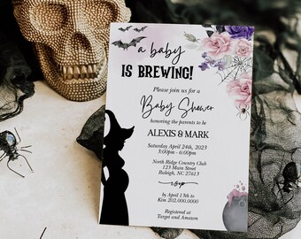 Uitnodiging voor een babyshower met Halloween-thema voor een meisje, heksenthema (digitale download)
