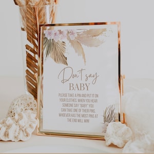DIGITAL FILE | Don&#39;t Say Baby Sign  | Bohemian Theme | Boho | Blush Pink | Bridal Shower | Baby Shower | Birthday Party  | Pompass | BH91
