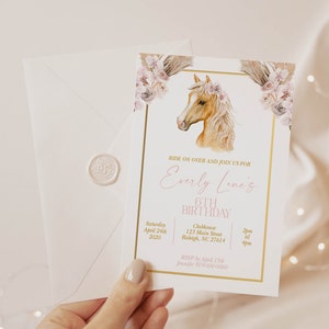 EDITABLE Cowgirl Birthday Party Invite Blush Pink Boho Floral Horse Saddle Up Horse Party Invitation Derby Girl Baby Shower H24