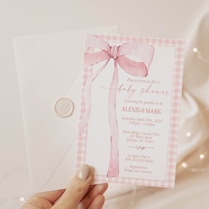 EDITABLE Pink Gingham Invitation for Baby Shower, Minimalist Baby Shower Pink Watercolor Bow Blush Pink 1st Birthday Digital Template PB4