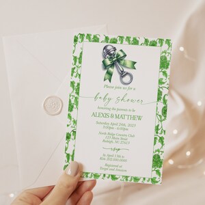 Silver Rattle Invitation EDITABLE Green Chinoiserie Baby Shower Invitation Grandmillenial Baby ...
