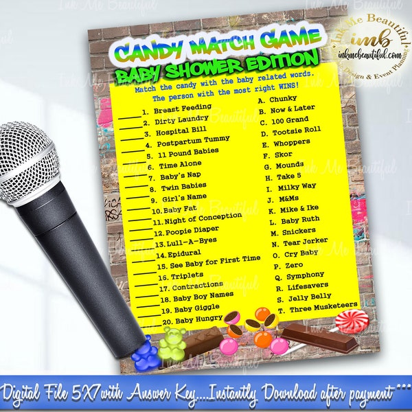 DIGITAL FILE  Candy Match Baby Shower , 5x7, Hip Hop, Baby Shower Games, Throwback 80s 90s House Party, 80s baby, 90s baby, H001