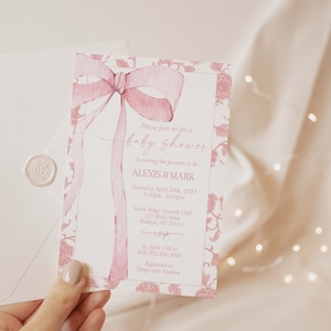 EDITABLE Pink Bow Invitation for Baby Shower Minimalist Baby Shower Pink Watercolor Ribbon Chinoiserie Pink Birthday Digital Template PB3