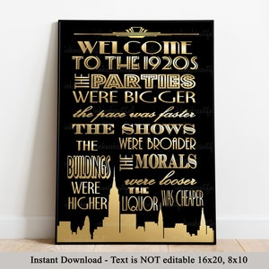 PRINTABLE Welcome to the 1920s ,Gatsby party decoration, Roaring 20s Art deco, Gatsby Printables, Wedding Decor, Gatsby Wedding Signs