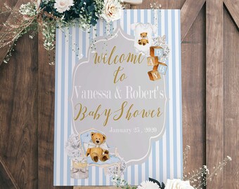 EDITABLE Teddy Bear Baby Shower Welcome Sign, Neutral Gender Shower, Welcome Baby Shower Poster, Baby Blue TBB-20