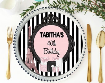 EDITABLE Paris Theme Plate Charger | Pink,  Black and White Stripe Parisian Themed | Birthday | Bridal Shower | Baby Shower PP22