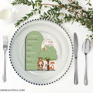 EDITABLE Woodland | Baby Shower Arch Menu Card | Charger Plate Insert