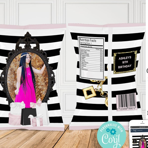 PRINTABLE  Paris Theme Chip Bag, Pink, Black Stripe, Parisian Themed, Baby Shower Striped, PP22