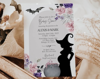 May include: A Halloween-themed baby shower invitation with a silhouette of a pregnant witch holding a cauldron. The invitation features pink and purple flowers, bats, and a spiderweb. The text on the invitation reads "Please join us for a Baby Shower honoring the parents to be Alexis & Mark Saturday April 24th, 2023 3:00pm - 6:00pm North Ridge Country Club 123 Main Street Raleigh, NC 27613 by April 13th to Kim 202.000.0000 Registered at Target and Amazon"