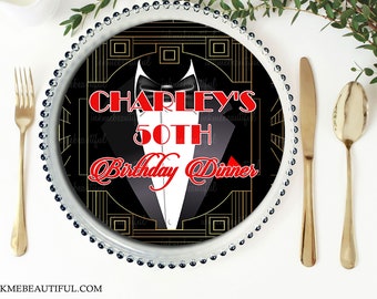 EDITABLE Black Tie Tuxedo Charger Plate Insert  | Casion Theme | Harlem Nights | DIGITAL FILE |Gatsby Themed | Roaring 20s | Casino
