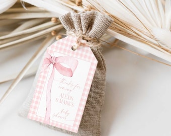 EDITABLE Pink Gingham Thank You Tag for Baby Shower, Minimalist Baby Shower Pink Watercolor Bow Blush Pink 1st Birthday Digital Template PB4