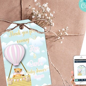 EDITABLE | Hot Air Balloon Favor Tags | Thank You Tags| Up Up and Away Baby Shower |Teddy Bear Baby Shower| Pink Hotair Balloon |HP-029