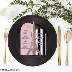 Menú de París rosa EDITABLE / Inserto de plato base / Tema de París rosa y negro / Parisino / Baby Shower / 1er cumpleaños / Despedida de soltera
