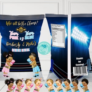 May include: A blue and pink gender reveal party favor chip bag with a boxing ring design. The bag features the text "Who will be the Champ? Team Pink vs Blue Kimberly & Mike's Gender Reveal".
