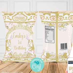 May include: A printable chip bag template featuring a pink and gold carousel design with a white horse and the text "Emsley's 1st Birthday". The template is 11 inches by 8.5 inches and can be edited using a phone, tablet, or computer.