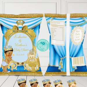 EDITIERBARE | Hellblau und Gold Royal Baby Shower Chips | Ein Prinz ist unterwegs | Royal Blue Baby Shower Thema | LB89
