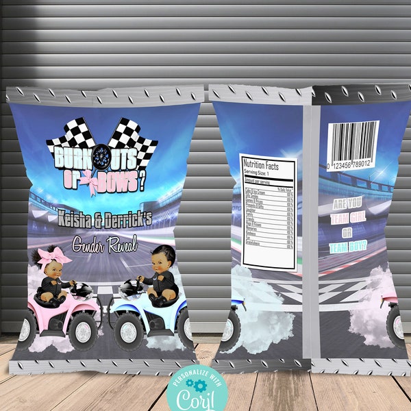 DIGITAL FILE 4 Wheeler| Burnouts or Bows Gender Reveal Chip Bag | Party Decor | Burn outs or Bows | Motorcycle |