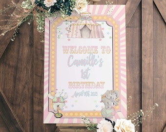 REDIGERBAR karusell första födelsedagsvälkomstskylt | Karnevalsfödelsedagsskylt | Flickacirkusskylt | Babyshower | Rosa cirkus | Karneval | PC09