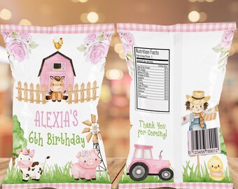 EDITABLE | Pink Farm Chip Bag Label | Cow Girl Party | Farm Animal | Theme | 1st Birthday | PF98