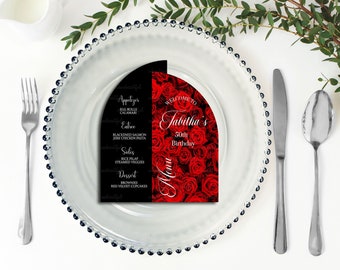 EDITABLE Red Roses | Arch Menu | Charger Plate Insert | All Black Party | Birthday Party | 40th  Birthday | Bridal Shower | Dinner Party