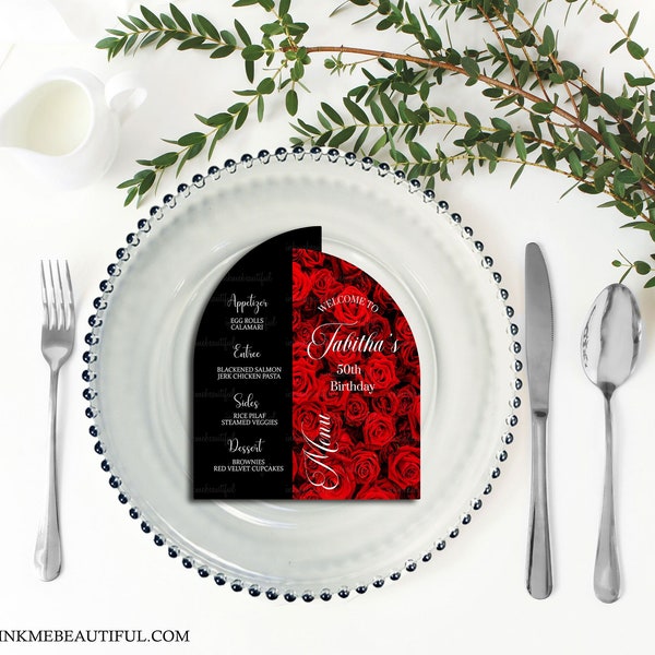EDITABLE Red Roses | Arch Menu | Charger Plate Insert | All Black Party | Birthday Party | 40th  Birthday | Bridal Shower | Dinner Party