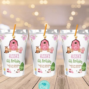 May include: Three pink and white juice box labels with a farm theme. The labels feature a pink barn, a cow, a pig, and a horse. The text on the labels reads "Alexia's 6th Birthday" and "Thanks for celebrating this day with me!"