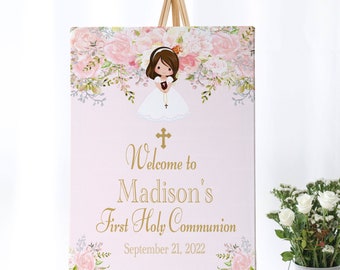 EDITABLE First Holy Communion Welcome Sign| Floral | Blush Pink | Baptism | Cross HC33