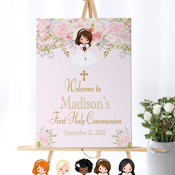 EDITABLE First Holy Communion Welcome Sign| Floral | Blush Pink | Baptism | Cross HC33