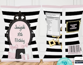 PRINTABLE  Paris Theme Chip Bag with Gold, Pink, Black Stripe, Parisian Themed, Baby Shower Striped PP22