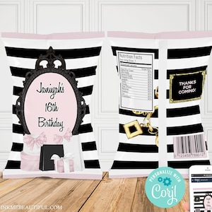 PRINTABLE  Paris Theme Chip Bag with Gold, Pink, Black Stripe, Parisian Themed, Baby Shower Striped PP22