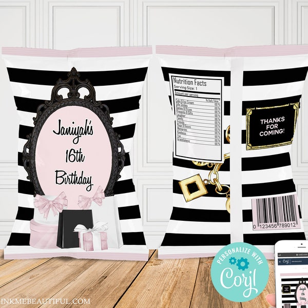 PRINTABLE  Paris Theme Chip Bag with Gold, Pink, Black Stripe, Parisian Themed, Baby Shower Striped PP22