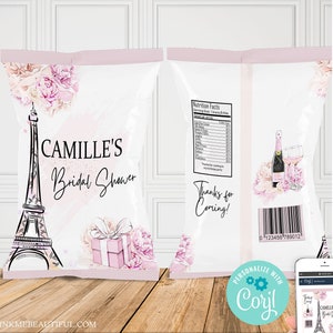 EDITABLE  Paris Theme Chip Bag, Pink, Parisian Themed, Baby Shower Striped