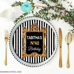 EDITABLE Paris Theme Plate Charger | Gold Black White Stripe Parisian Themed | Birthday | Bridal Shower | Baby Shower PP22