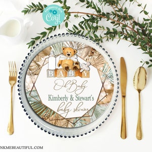 Plato o base para baby shower con forma de osito de peluche / Vintage / Temática / Tonos neutros y verde / Can Bearly Wait to Meet You / Boho / BN05