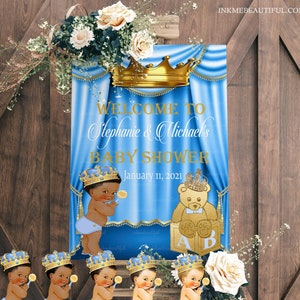 EDITIERBARE Royal Hellblau Baby Willkommen Poster, Royal Baby Shower Decor, Ein Prinz ist auf dem Weg, Royal Blau und Gold, LB89