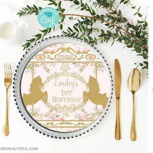 EDITABLE Pink Horse Carousel Charger Plate Insert | Carousel Baby Shower| 1st Birthday | First Birthday | Baby Shower | PC16