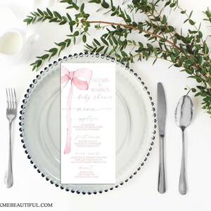 EDITABLE Pink Bow Menu for Baby Shower, Minimalist Baby Shower Pink Watercolor Ribbon Blush Pink 1st Birthday Digital Template PB1