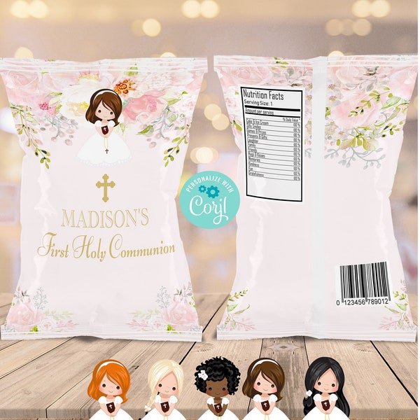 EDITABLE First Holy Communion Chip Label | Chips | Favor | Invitation| Floral | Blush Pink | Baptism | Holy | Cross HC33 |