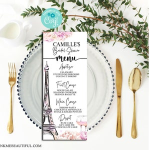 Menú de tema de París EDITABLE para despedida de soltera Plantilla Corjl Menú de cena Flores de acuarela Pétalos Champán