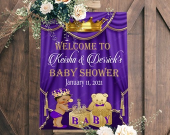 REDIGERBAR välkomstaffisch för kunglig baby | Kunglig babyshowerdekor | En prins är på väg | Lila och guld | Välkomstskylt | RB09