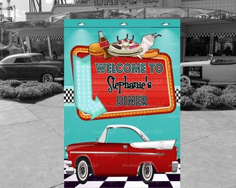 Retro 50s Diner Welcome Sign, Personalized Backdrop (Digital File)