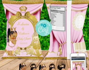 Royal Princess Baby Shower Chip Bag | Pink and Gold, Editable (Digital File)